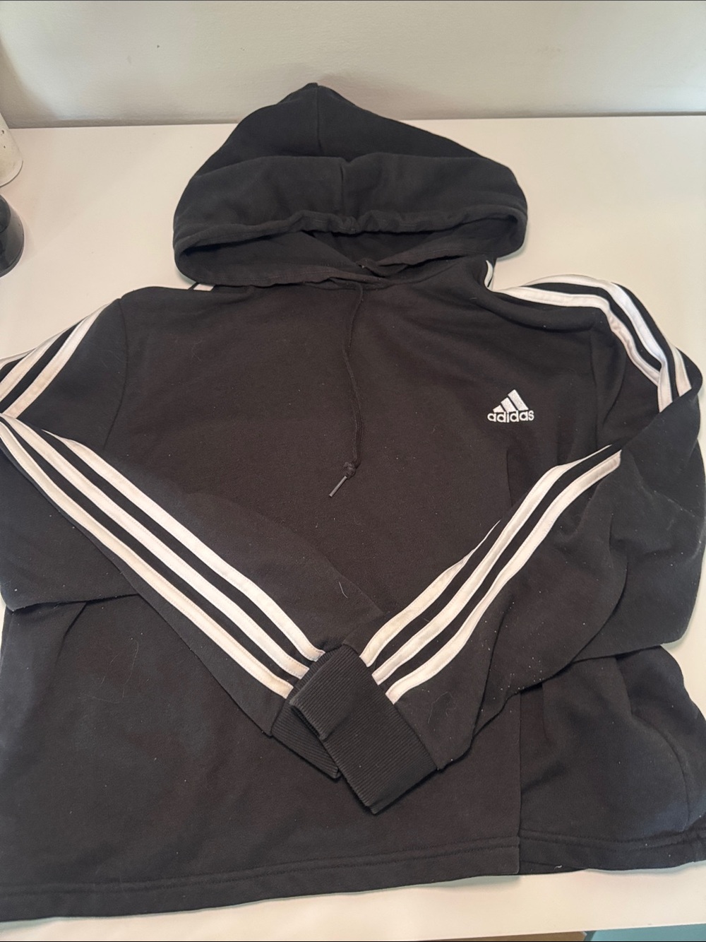 Women’s cropped adidas Black Pullover Hoodie with White Three-Stripes 2XL